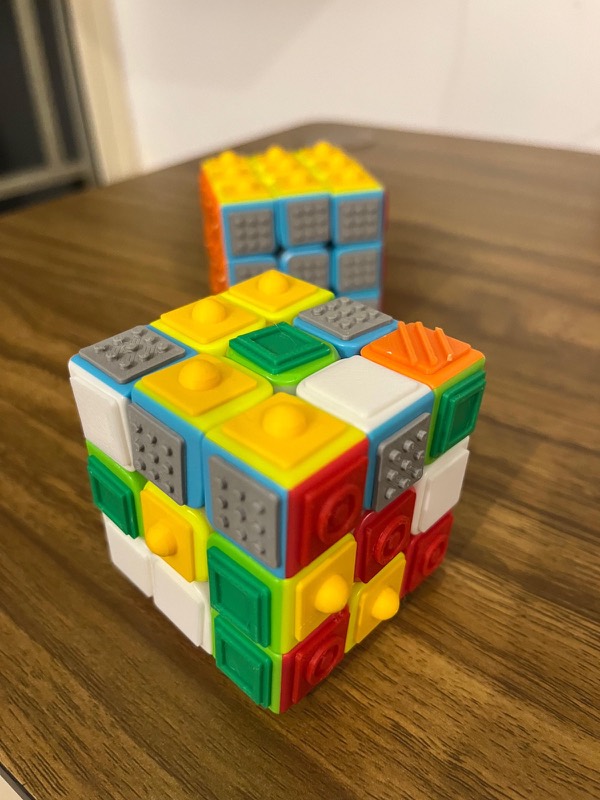 LVC Dream Cube prototype, scrambled, showing the raised textures on each colour